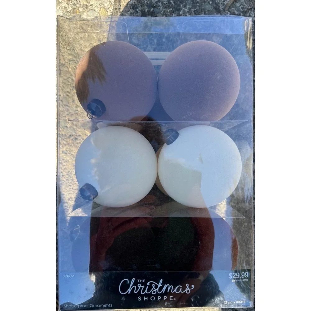 Hobby Lobby Christmas Shoppe 12pc 100mm flock shatterproof Ornaments Neutral
